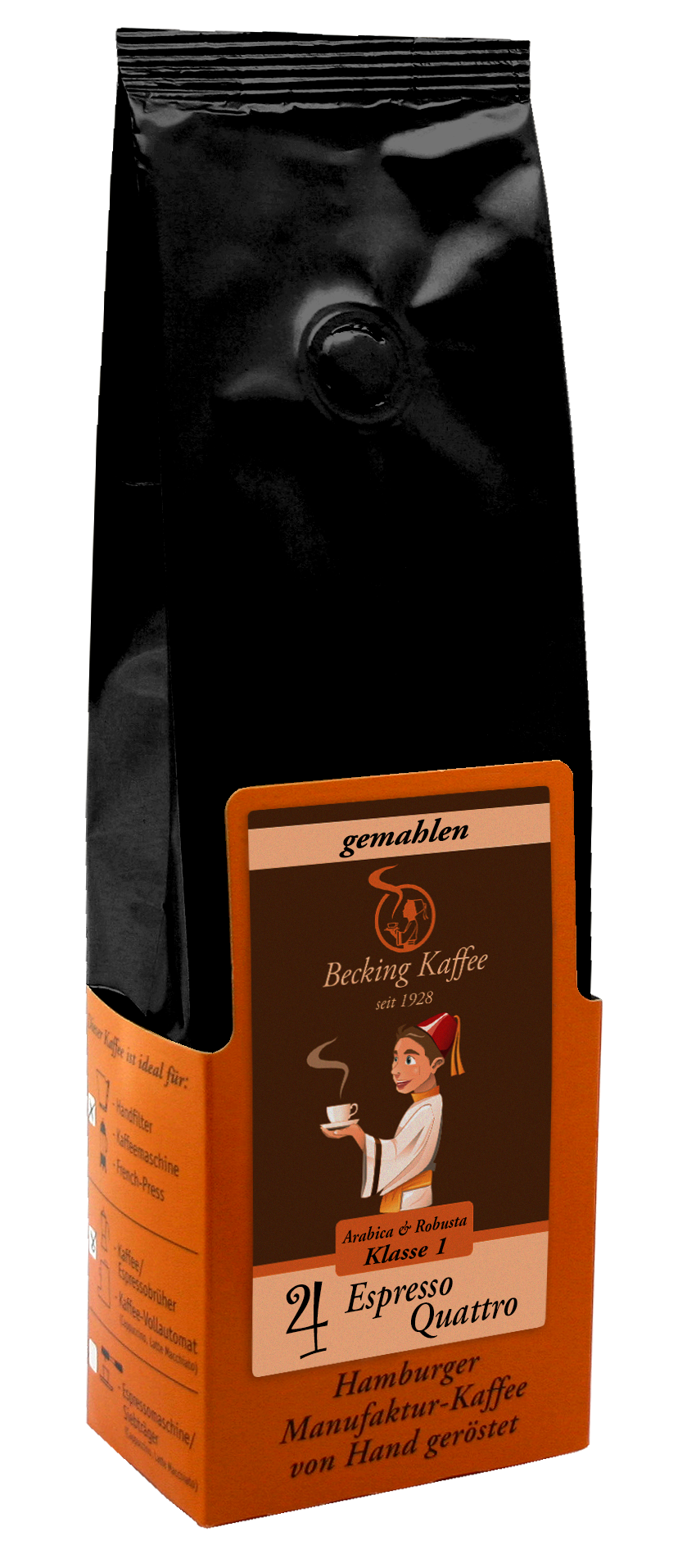 Becking Kaffee - Tüte Espresso Quattro (Bohnen & Gemahlen, 250g & 1kg)